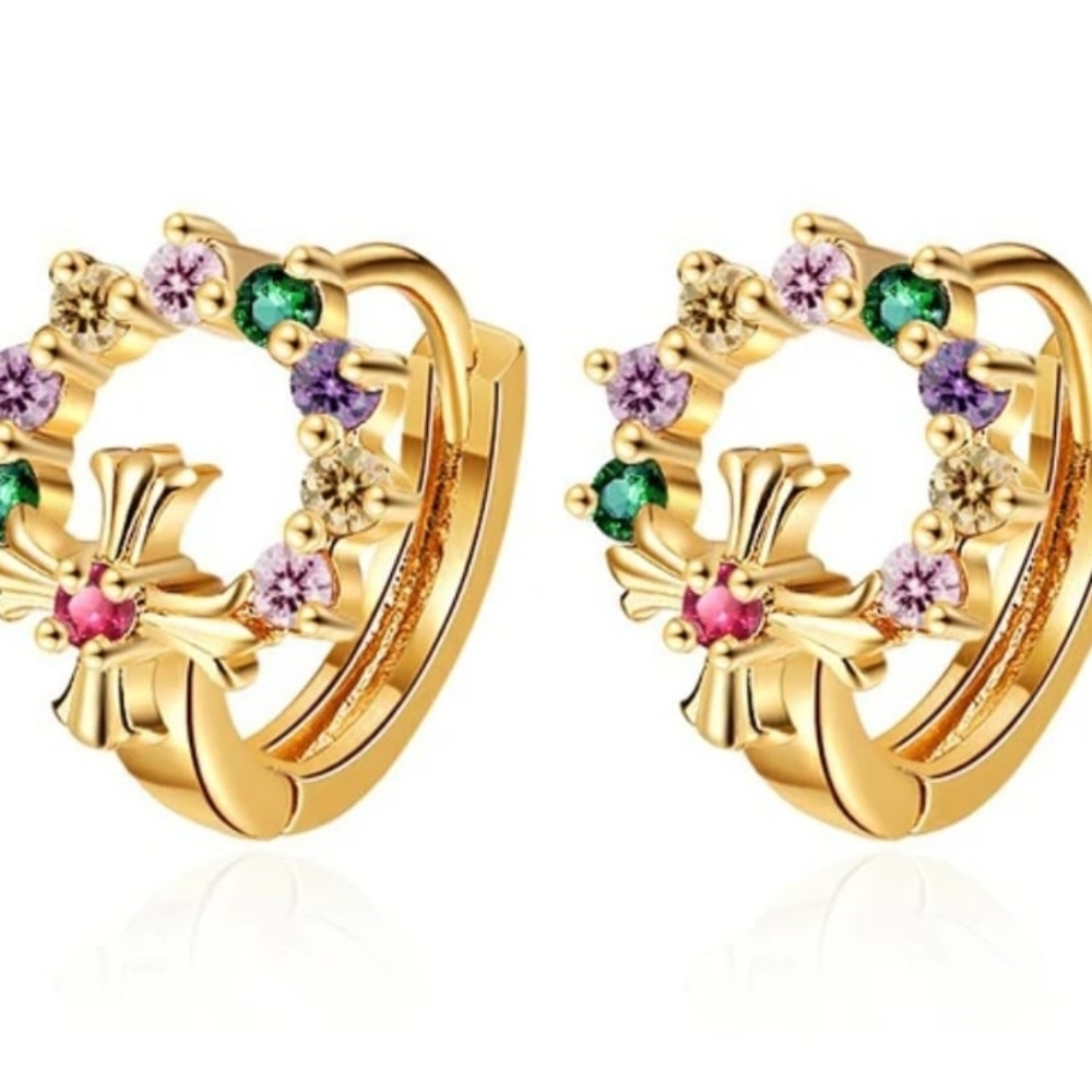 Elegant Gold Plated Cross Multicolor Gemstone Earrings